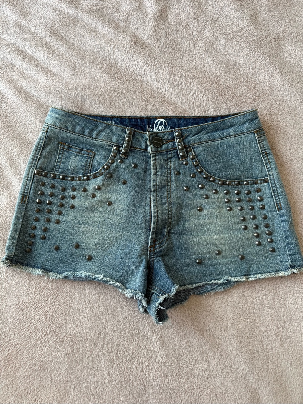 Studded Light Blue Denim High-Rise Cutoff Shorts